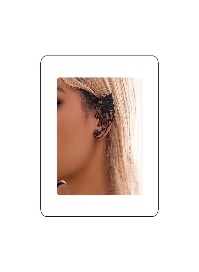 Rannyrena Gothic Black Elf Fairy Ear Cuffs 2pcs Punk Hollow Floral Piercing Ear Wrap Cartilage Climber Earrings for Cosplay Party Hip Hop Clip on Statement Earrings Gift for Women - Image 1